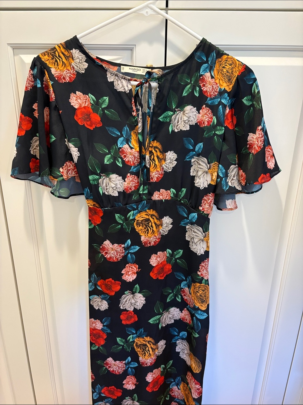 Mango Black Floral Tie-Neck Midi Dress empire waist